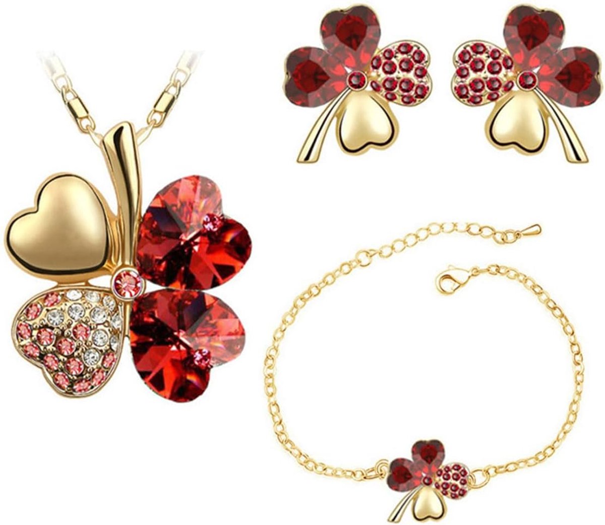 Sieraden Set Gelukkige Klavertje Vier Bergkristal Oorbellen Ketting Armband 3 Stuks Vrouwen Sieraden met Cubic Zirconia Wedding Gifts voor Dames, Rood