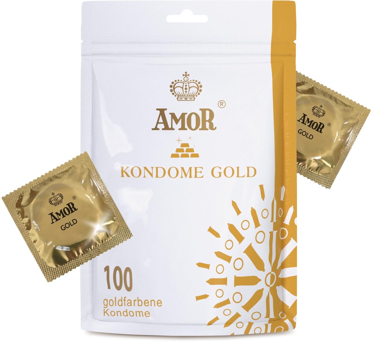 AMOR Premium Condooms, Met extra dunne of dikke wanddikte, Kleur Goud, 100 stuks, Ø 53 mm