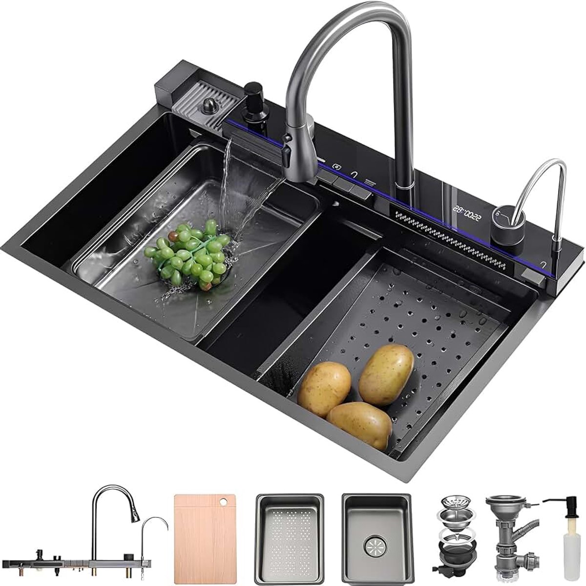 75 x 45 cm, 1 wastafel roestvrij stalen spoelbak zwart antraciet, gootsteen met geïntegreerde kraan, digitaal displayscherm, afvoermand, reservebinnenspoelbak, sifon