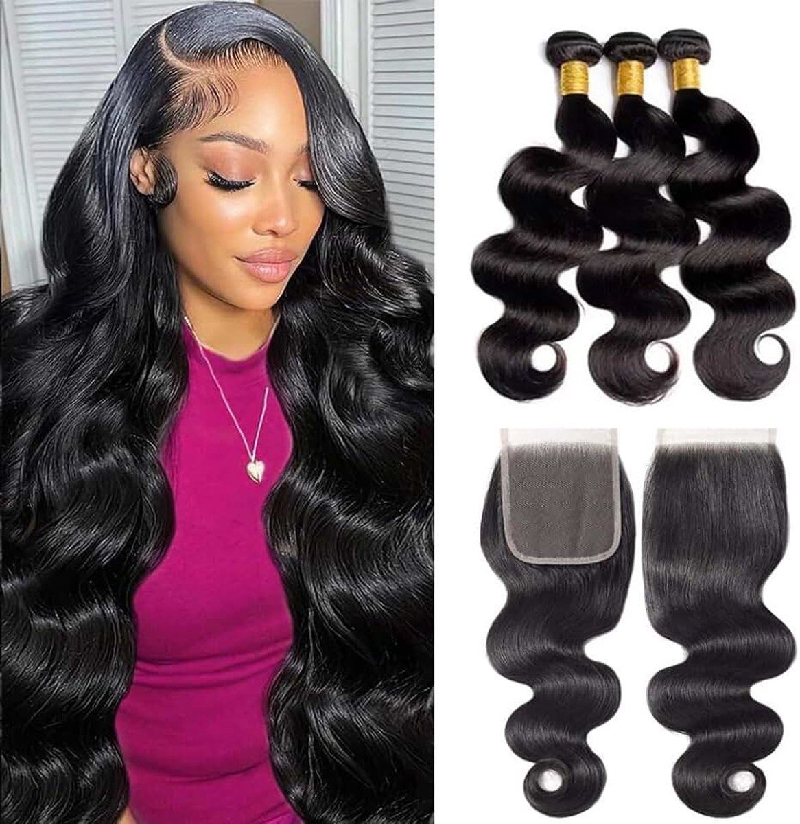 Brazilian Hair Bundles with Closure 22 24 26+20 12A Human Hair Bundles with Closure Body Wave Human Hair Weave 3 Bundles with Closure Remy Brazilian Virgin Hair Extensions Natural Black Color
