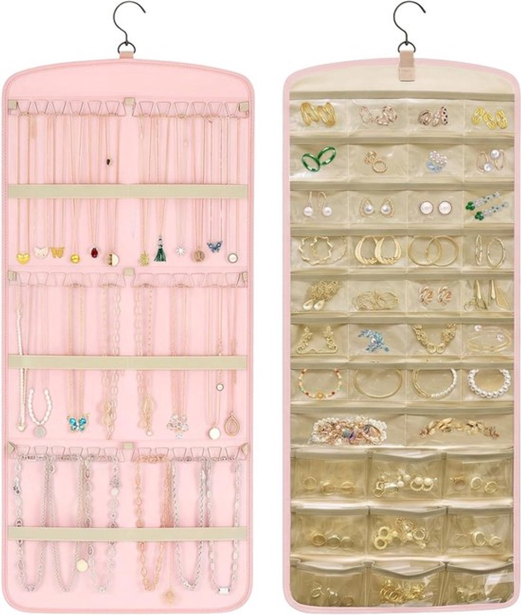 Hangende sieradenorganizer met haakjes - Roze en Wit - Perfect voor sieradenopslag en reizen