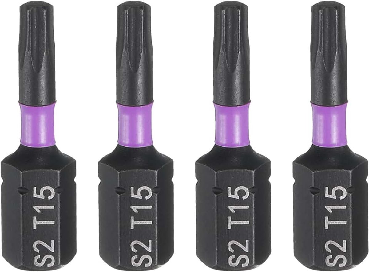 4 stuks T15 Torx schroevendraaierbits, 1/4 inch zeskantschacht 25 mm lang, magnetische ster, 6-punts kop, Hex bits S2 stalen schroevendraaierbits, elektrische boorbits