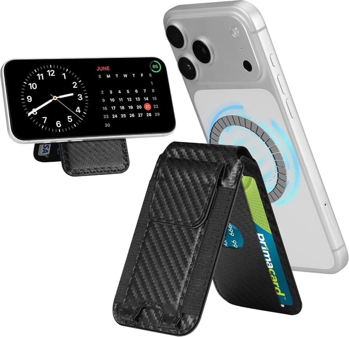 Voor MagSafe portemonnee met standaard, 7 kaarthouders, RFID-blokker, carbon zwart, 10,4 x 6,6 x 1,1 cm, Klassiek | Magnetische kaarthouder, slanke portemonnee voor iPhone 17e/17/16/15/14/13/12 serie (niet voor Mini)