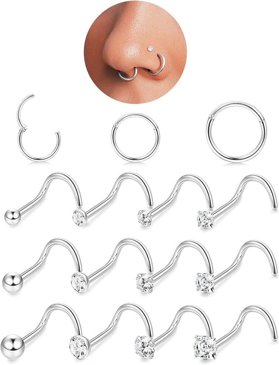 18G neuspiercing ring en 20G neuspiercing steker, helix piercings chirurgisch staal, clicker neusring, 2/2,5/3 mm bol CZ L-vorm spiraal neuspiercing set, nostril piercing sieraad goud zilver
