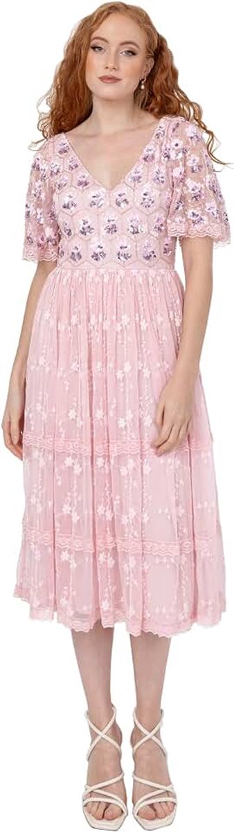 Deluxe Dames Dames Midi Jurk Korte Engel Mouwen V-hals A-lijn Sequin Versierd Bloemen Tule Kant Bruiloft Guest Prom Ballettroze 52, Ballet pink, 52 NL