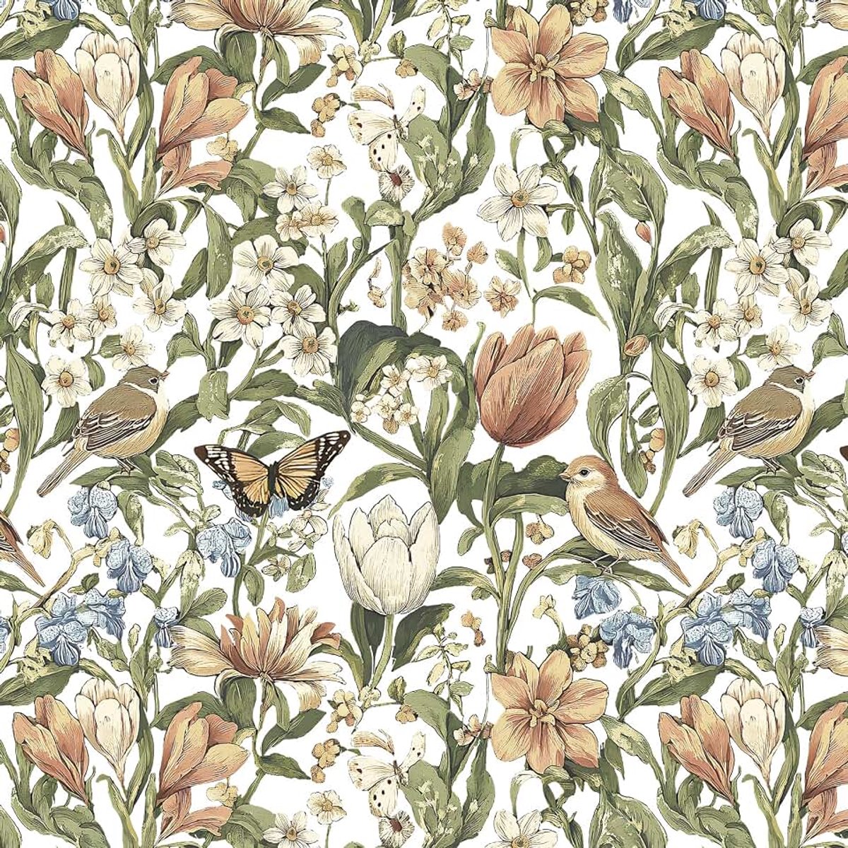 Behang, zelfklevend met vogelpatroon, 44 cm x 3 m, wandbehang, decoratiefolie in groen en goud, retro bloemenbehang voor woonkamer, slaapkamer en badkamer, Victoriaanse