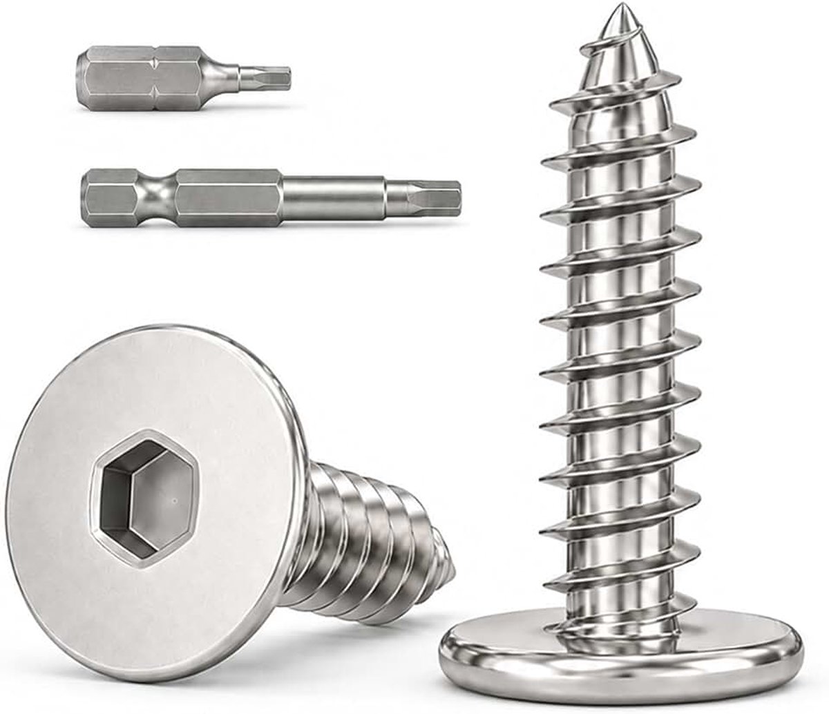 Houtschroeven, M3 x 16 mm, platte kop binnenzeskant, zelftappend, roestvrij staal A2 V2A volledige schroefdraad, met 2 bits voor meubels, spaanplaat, modelbouw en doe-het-zelf, 100 stuks