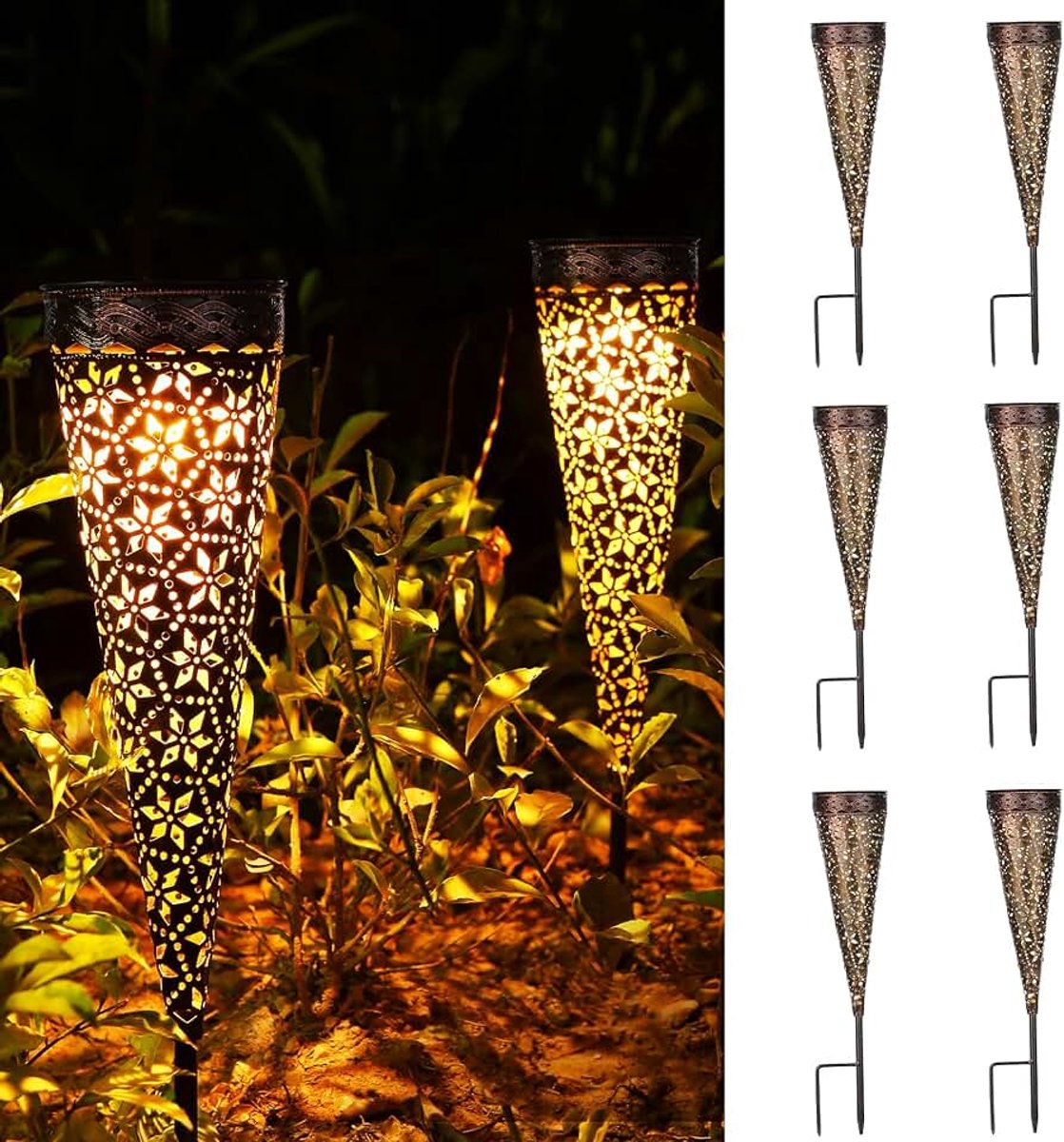 Solar Tuinlampen Buiten 6 Stuks met Grondspies, Metalen Solar Lampen Tuin Retro met Ruitbloem, IP65 Waterdicht LED Solar Lampen Buiten Tuin 15LM voor Balkon Gras Vrouwen Mama