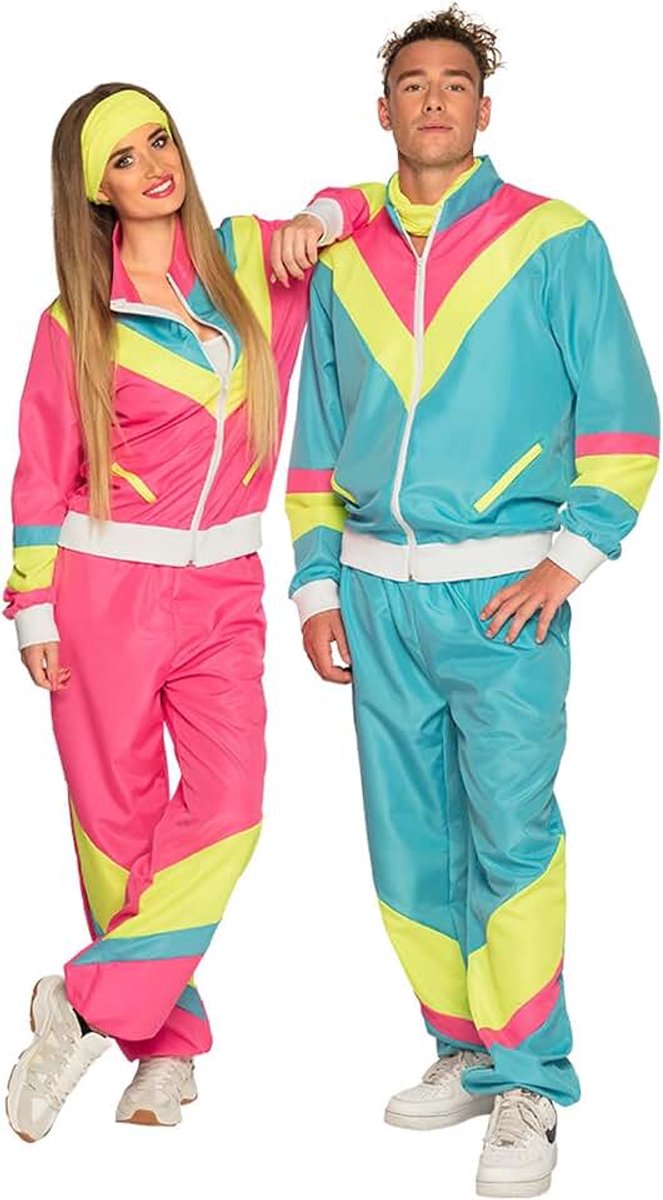 - Trainingspak voor dames uit de jaren 80, neonroze | Jas en broek, licht op onder blacklight, retro joggingpak, carnaval, themafeest, groepskostuum voor volwassenen