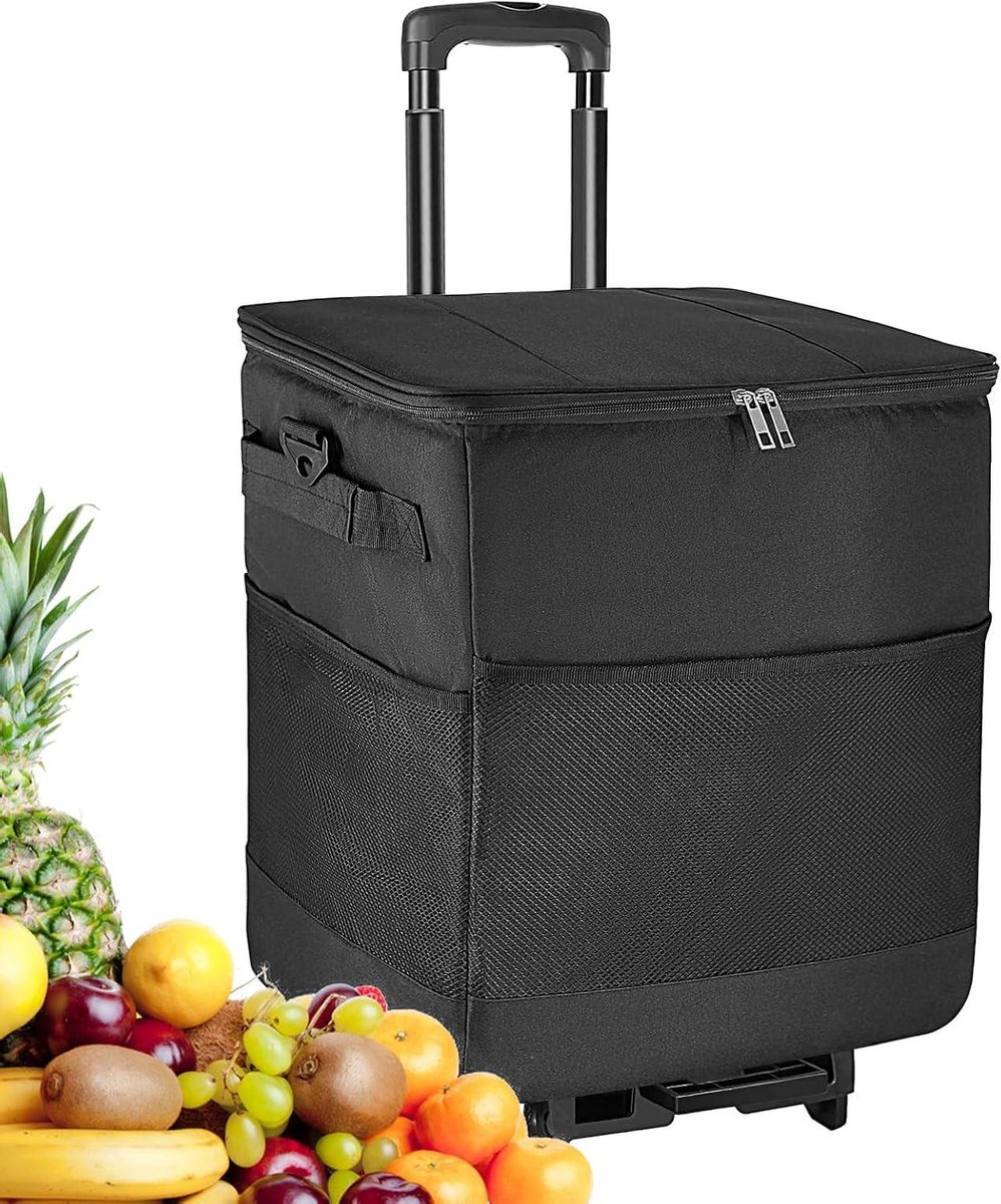 Klapkoeler met wielen - Mobiele koelwagen - Outdoor gebruik - Verstelbare telescopische handgreep - 35 liter inhoud - Zwart