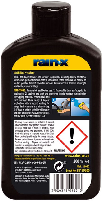 Achterkant fles Rain-X Anti-Fog met gebruiksaanwijzing, ingrediënten, veiligheidsinformatie en barcode.