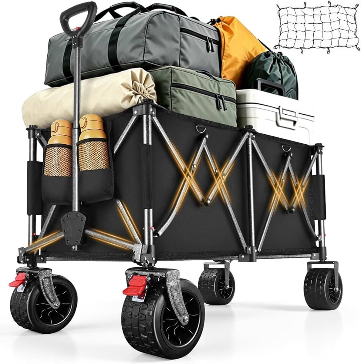 Opvouwbare bolderkar – 260L, 250kg draagvermogen – Inclusief elastisch beschermnet – Dubbele voorremmen – Geschikt voor strand, camping, Antraciet