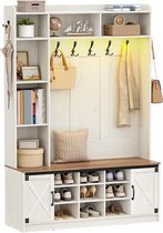 HILINSIE Garderobenständer mit Sitzbank, Garderobe mit LED, Weiß-Braun, Kleiderständer, Verstellbare Regalböden, 15 Offene Fächer, 7-Haken, für Eingangsbereich, 40 x 140 x 190 cm