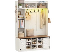HILINSIE Garderobenständer mit Sitzbank, Garderobe mit LED, Weiß-Braun, Kleiderständer, Verstellbare Regalböden, 15 Offene Fächer, 7-Haken, für Eingangsbereich, 40 x 140 x 190 cm