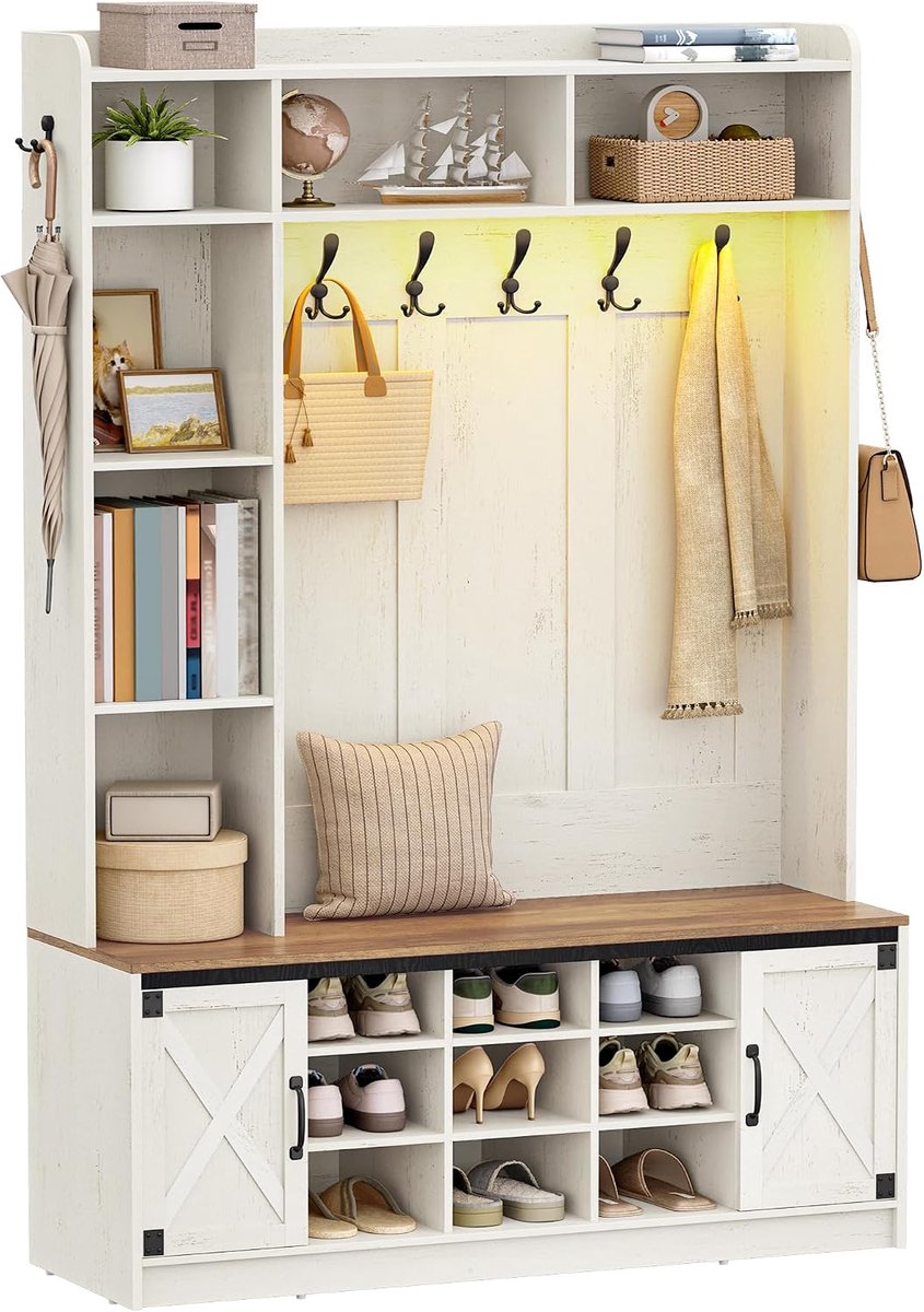 Hzuaneri Garderobenständer mit Sitzbank, Garderobe mit LED, Weiß-Braun, Kleiderständer, Verstellbare Regalböden, 15 Offene Fächer, 7-Haken, für Eingangsbereich, 40 x 140 x 190 cm
