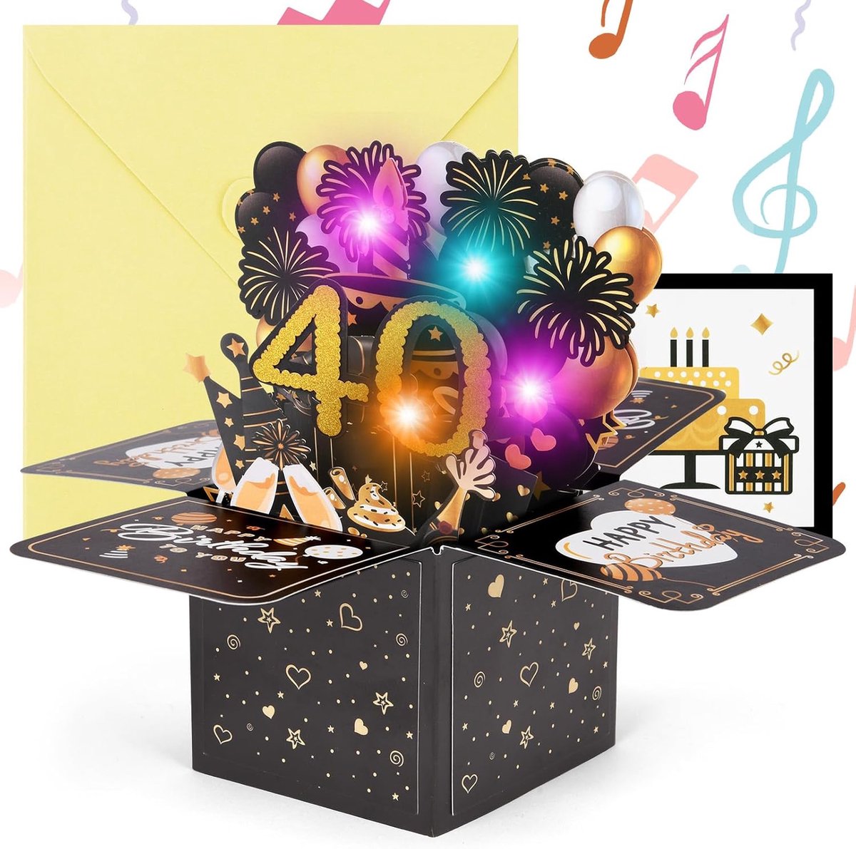 40e Verjaardagskaart 3d-Wenskaart Met Muziek En Licht Voor De 40e Verjaardag Pop-Upkaart Verjaardagskaarten Verjaardagscadeau Voor Vrouwen Kinderen Vriendin Mannen (Zwart Goud)
