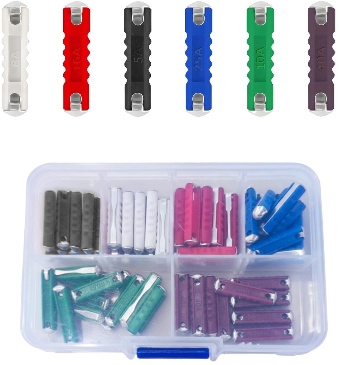 Set van 60 stuks, torpedozekeringen 5A-40A voor Europese voertuigen en oldtimers, compleet auto-zekeringassortiment (6 verschillende waarden)