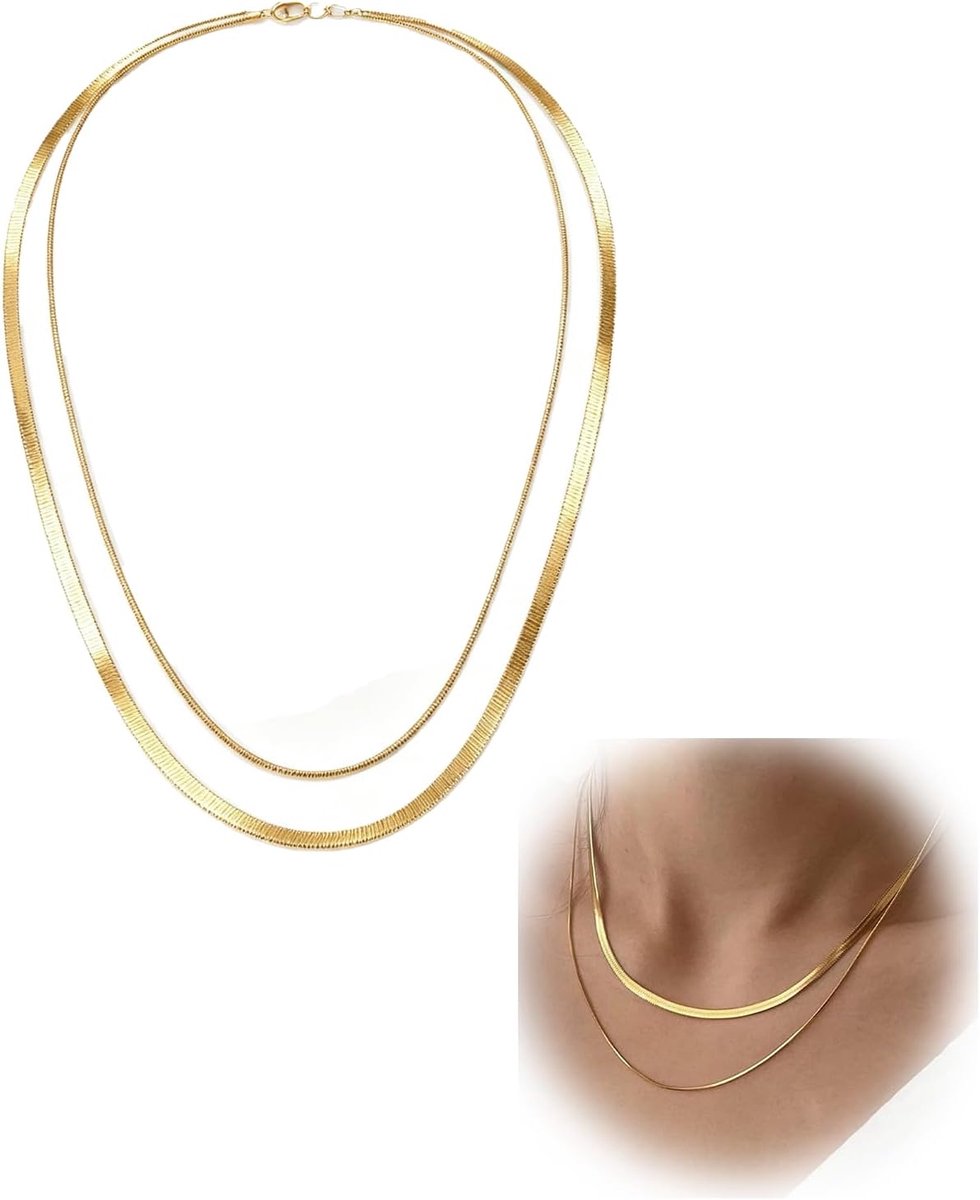 2-delige slangenketting voor dames, roestvrij staal, platte ketting