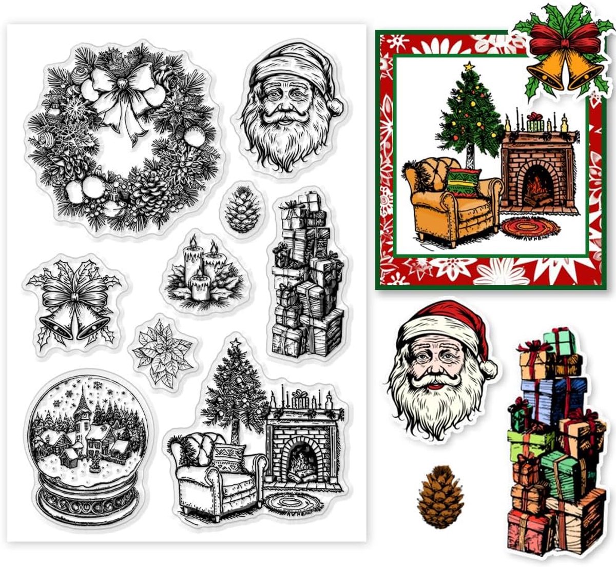 PandaHall Transparante stempel Kerstman siliconen stempel kroon bel cadeau transparante rubberen stempel voor het knutselen van wenskaarten