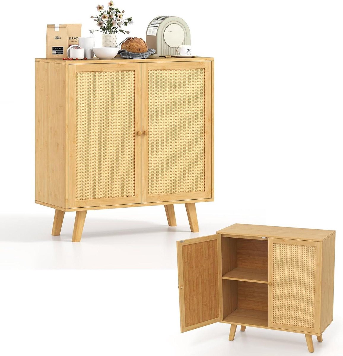 Keukenkast Bamboe - Buffetkast Dressoir - Keuken Opbergen - Rotan Deuren - 80 x 35 x 85 cm - Naturel