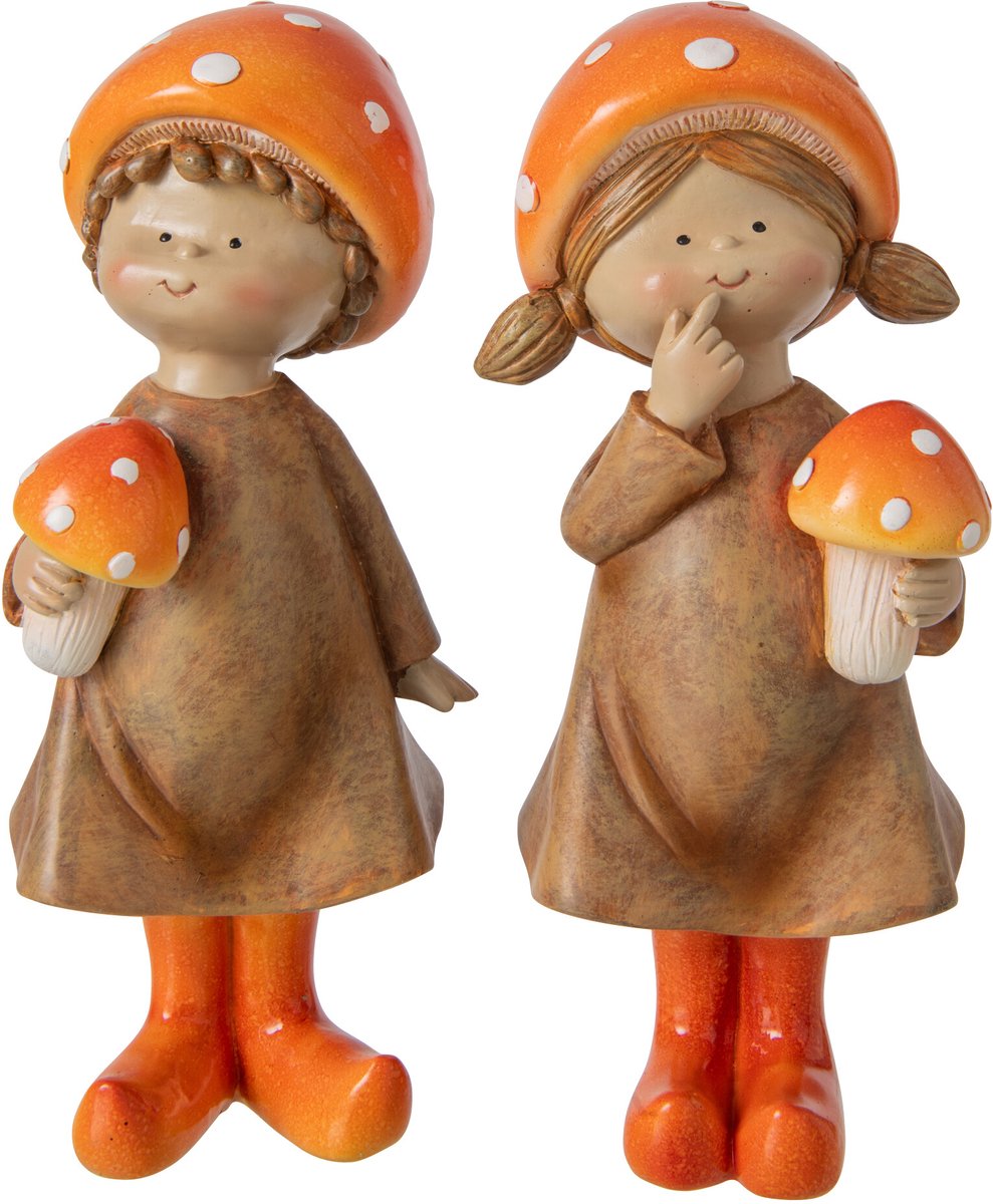 J-Line figuur Jongen/Meisje Paddenstoel - polyresin - beige/oranje - large - 2 stuks