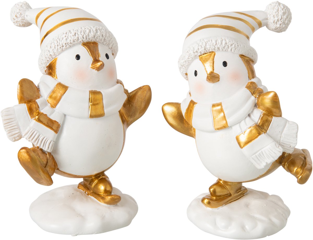 J-Line figuur Pinguïn Sjaal + Hoed - polyresin - wit/goud - small - 2 stuks