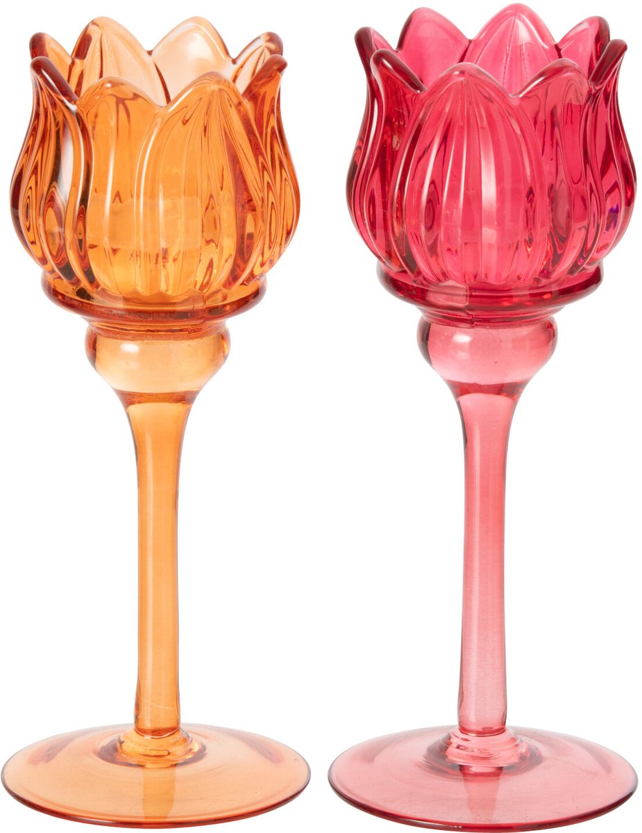 J-Line Tulpvormig windlicht op voet - glas - oranje/fuchsia - small - assortiment van 2