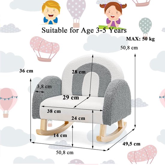 Kinderstoel Kinderbank - Mini Sofa - Ontspannen Zitten - Teddy Fluweel - 50x49x50 cm - Grijs — afbeelding 4