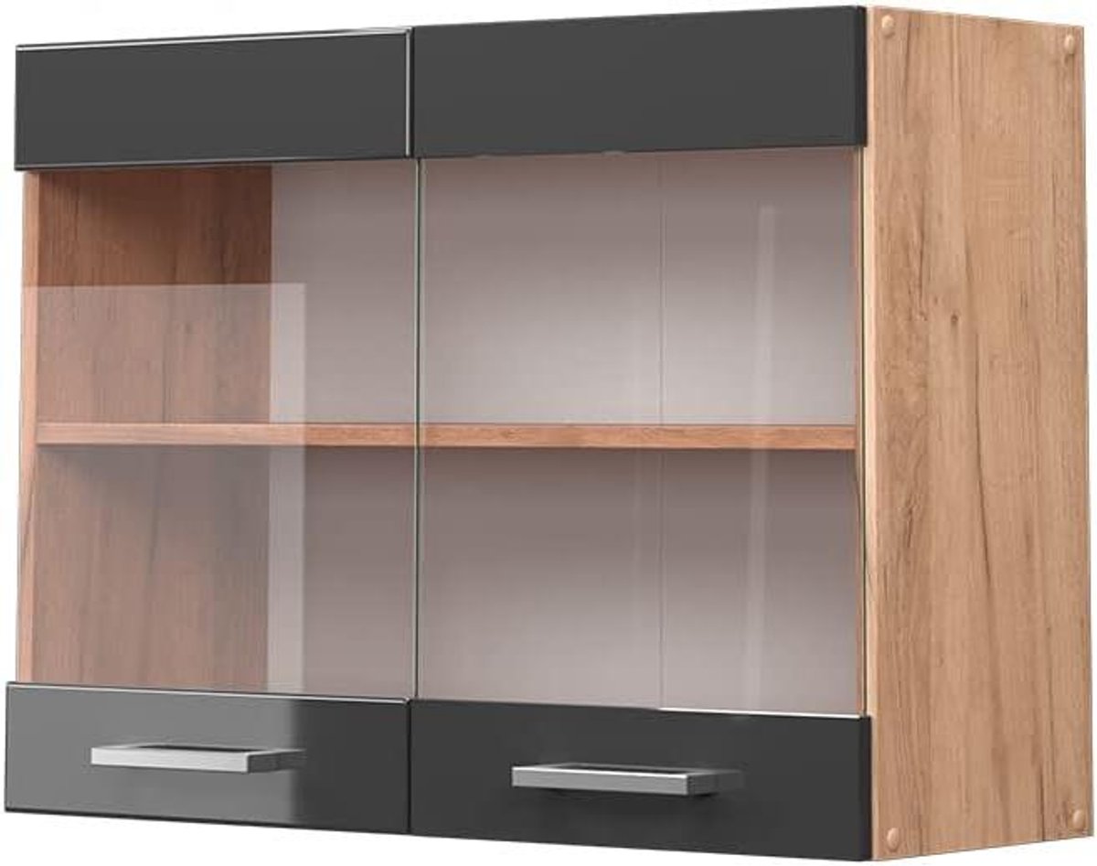 Keuken hangkast - Glazen kast - Keuken opbergen - Modulair systeem - 80 cm breed - Antraciet hoogglans