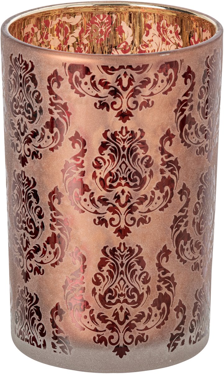 J-Line Windlicht met bloemen - glas - bordeaux/koraal - large - set van 2