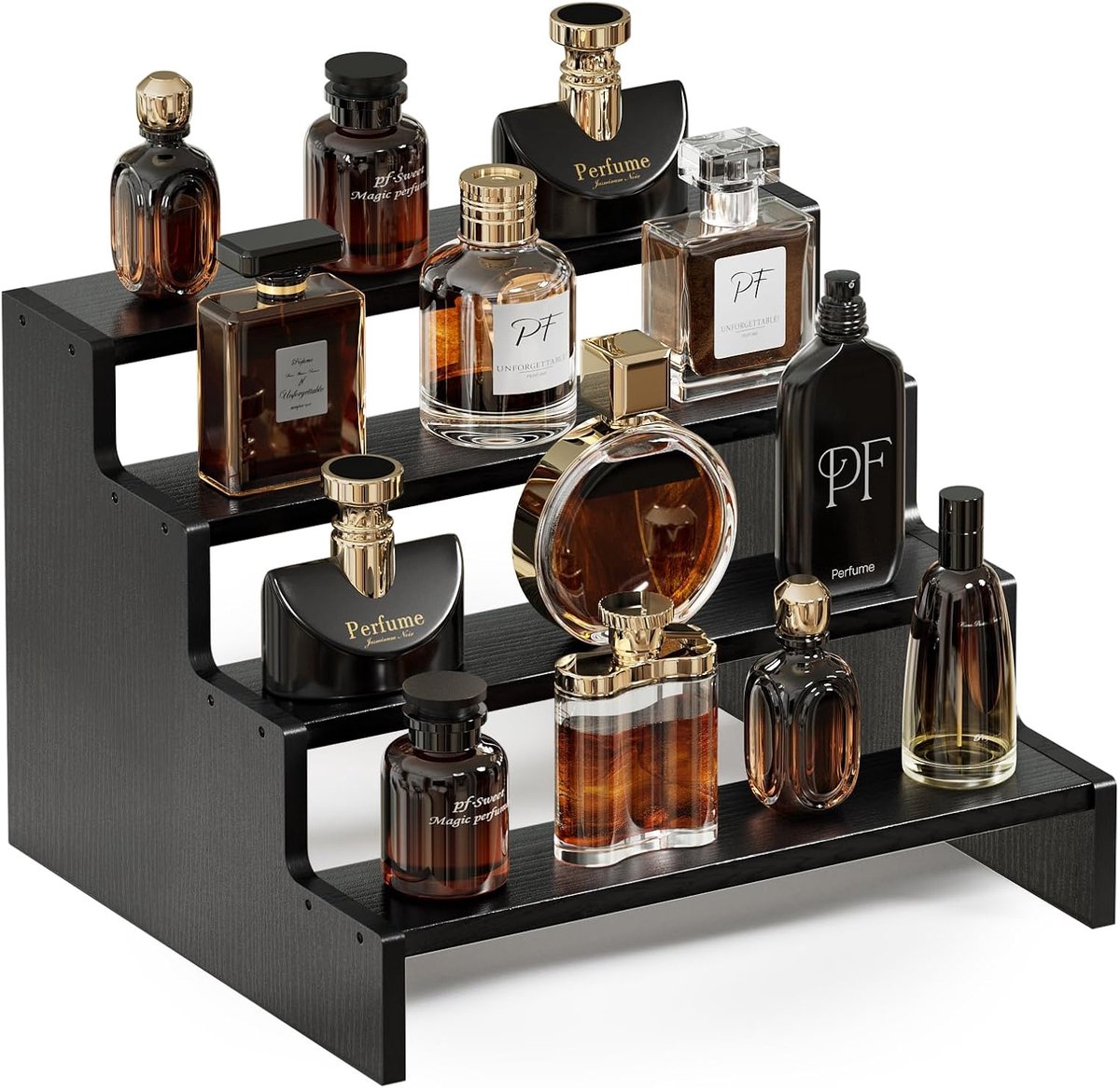 Cologne Organizer met 4 niveaus, houten standaard, parfumdisplay, make-upstandaard, cosmetica-organizer, veelzijdig rek voor geuren, kaarsen, cosmetica, cupcake, vanity opslag, zwart