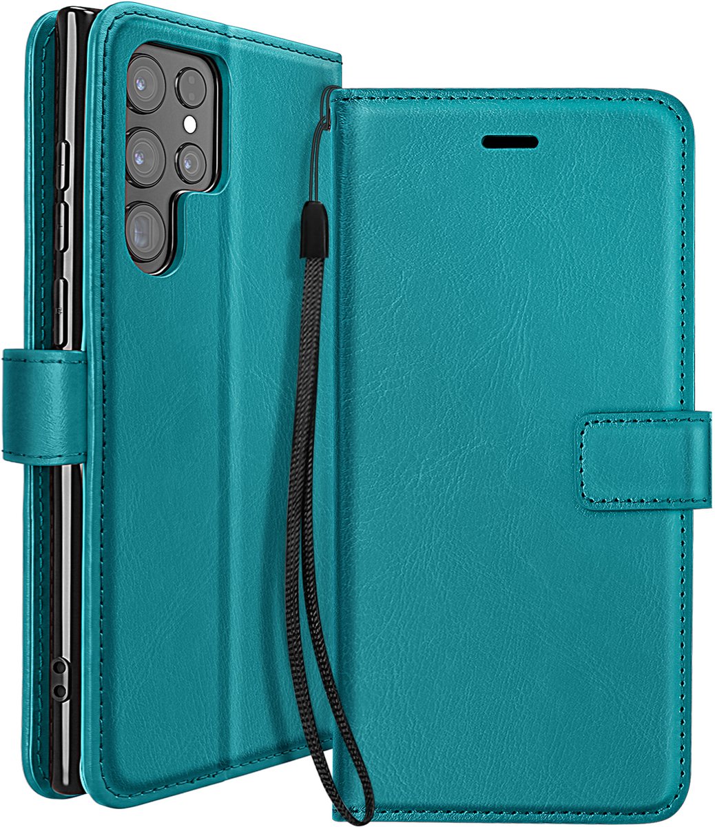 Mayaxess, Portemonnee Etui Geschikt voor Samsung Galaxy S23 Ultra met Standaard en Polsbandje, Turquoise