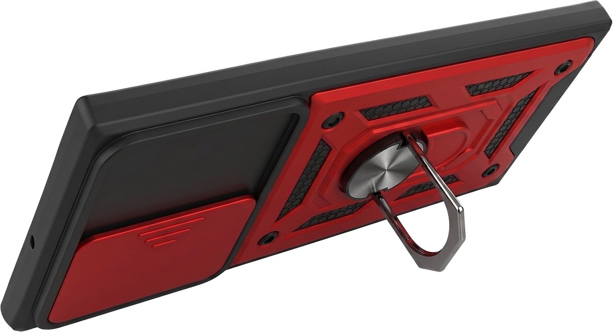 Mayaxess, Hoesje geschikt voor Galaxy S22 Ultra met Schuifbare Camerabescherming en Magnetische Ring, Rood