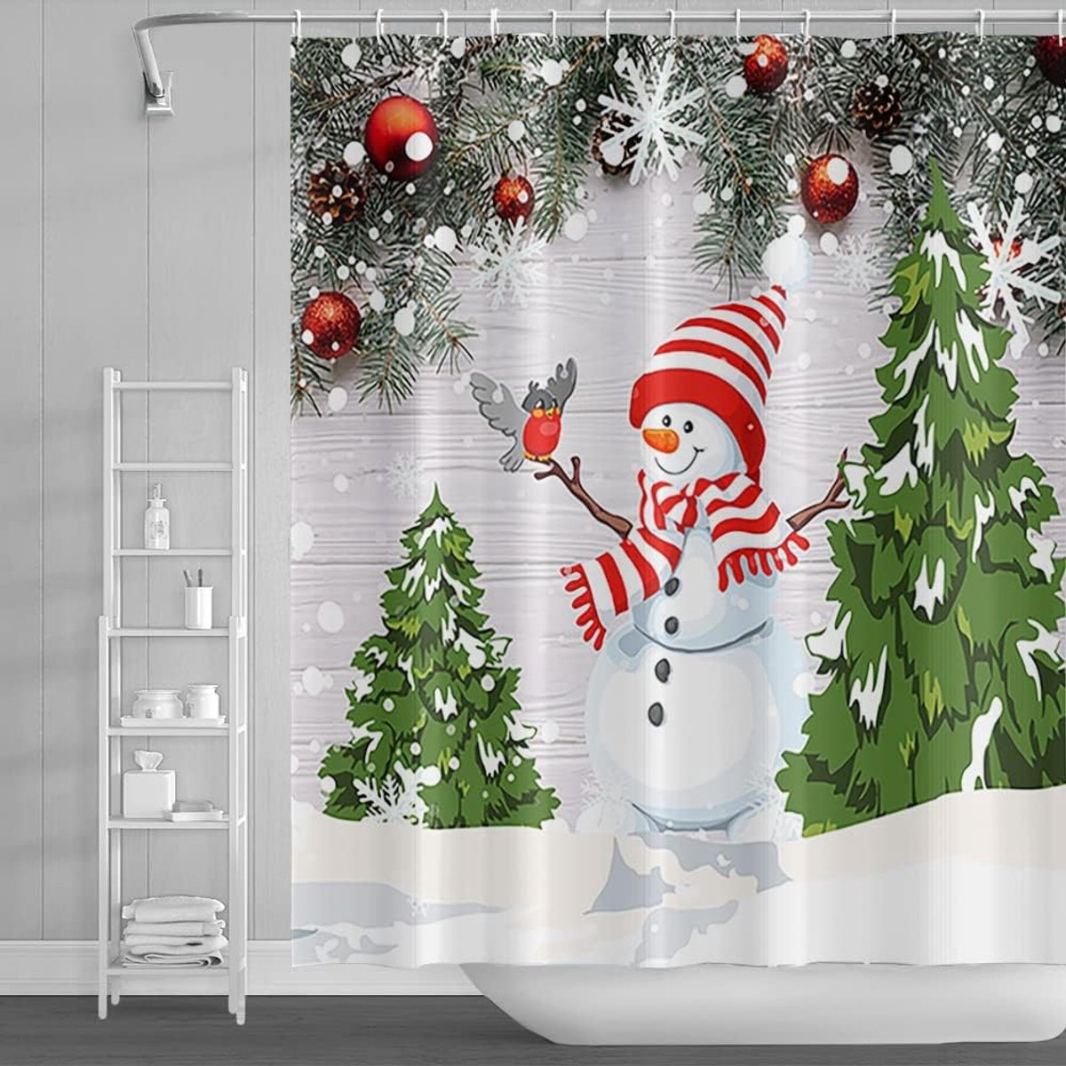 105x160cm Leuke Sneeuwman Douchegordijn Kerstboom Bal Rood Wit Strepen Hoed Sjaal Badgordijn Sneeuwvlok Houten Plank Badgordijn voor Kinderen Badkamer Stof Polyester met Haken