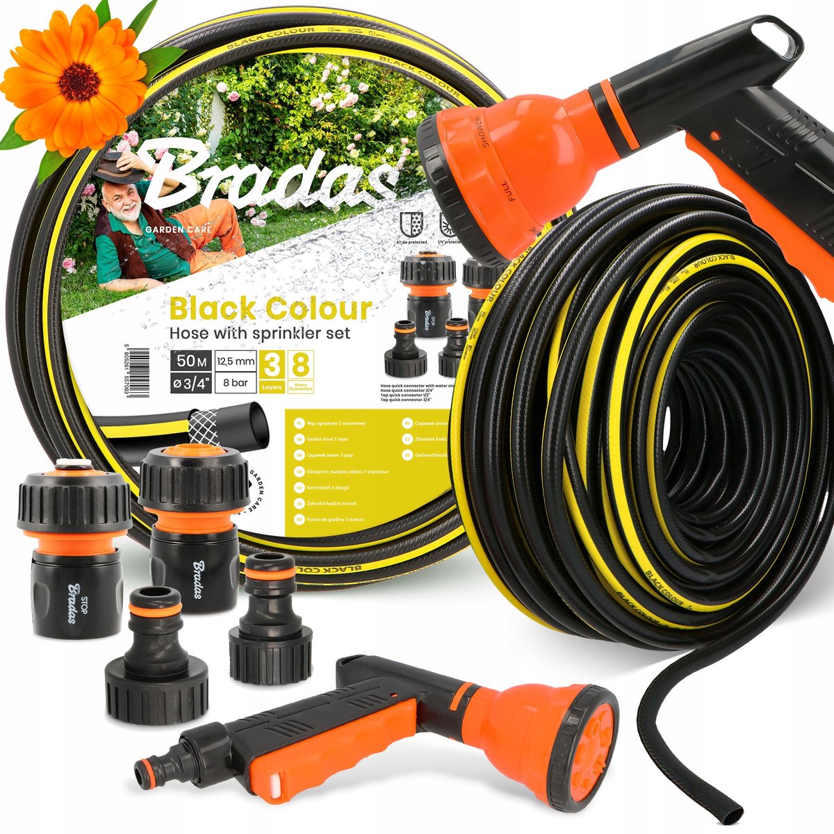 Tuinslang 50m 3/4'' met 7 functies besproeit de koppeling