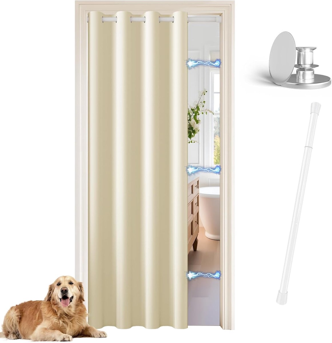 Kastgordijn met roede en mangnetische sluiting, B 132 x L 199 cm deuropeningsgordijnen voor tijdelijke deur, vouwdeuren intern voor wasdeur/keukendeur, lichtbeige