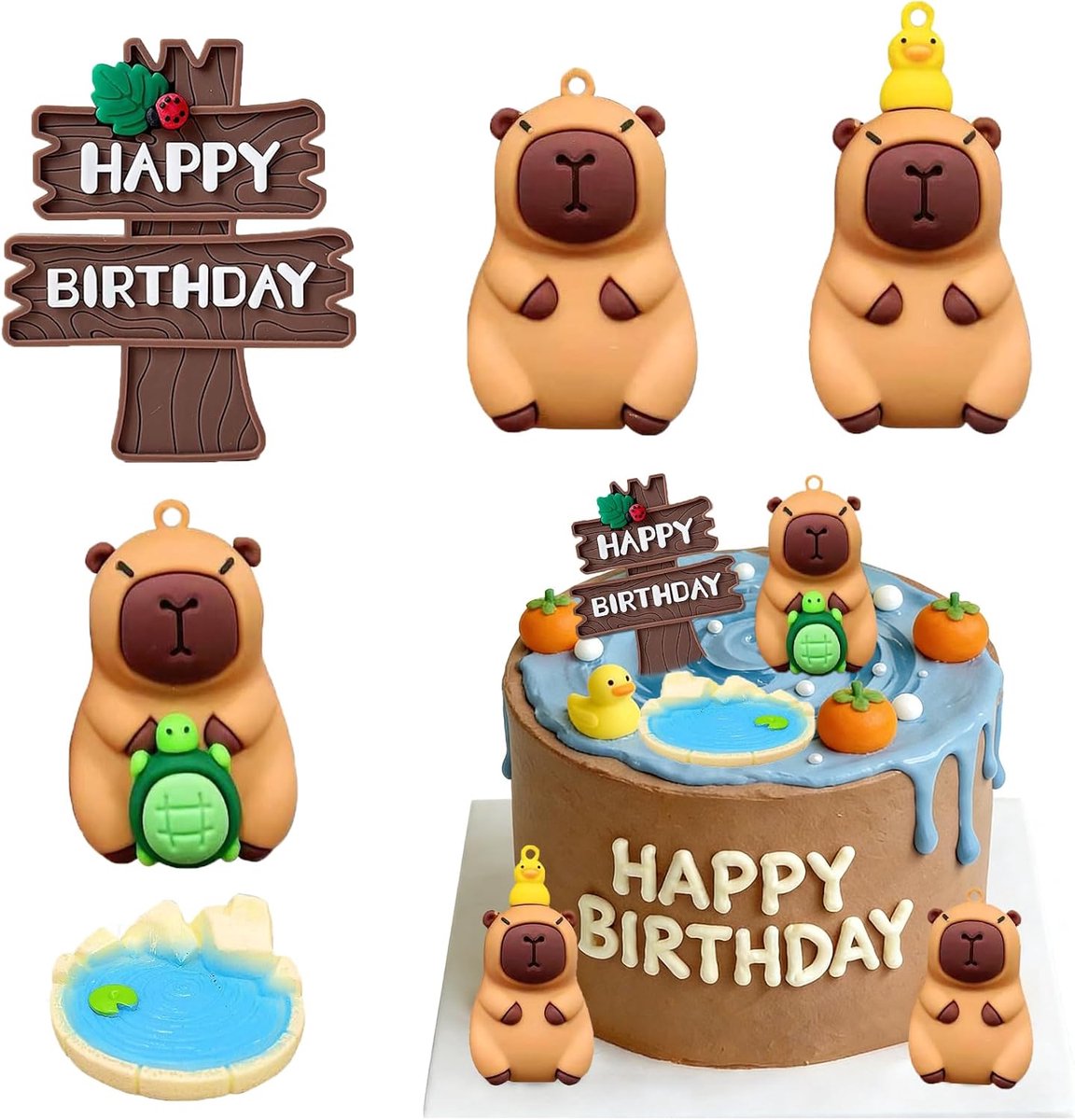Taartdecoratie Capybara Happy Birthday taartdecoratie, mini-schattige bloemen, bladeren, eenden, vijver, watervarken, decoratieve verjaardagsornamenten voor verjaardagstaart, babyshower