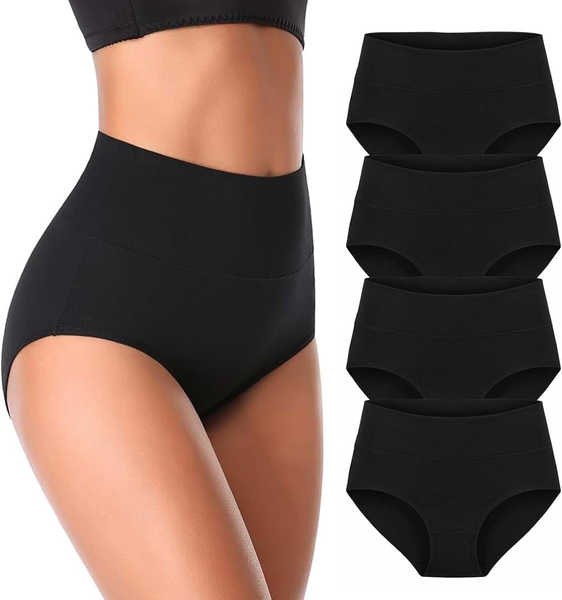 Onderbroeken met hoge taille voor dames, set van 4, zwart ondergoed voor dames, katoen, ademend, comfortabel, rolt niet af, zachte buikcontrole, stretch, vormvaste slips, hoge taille