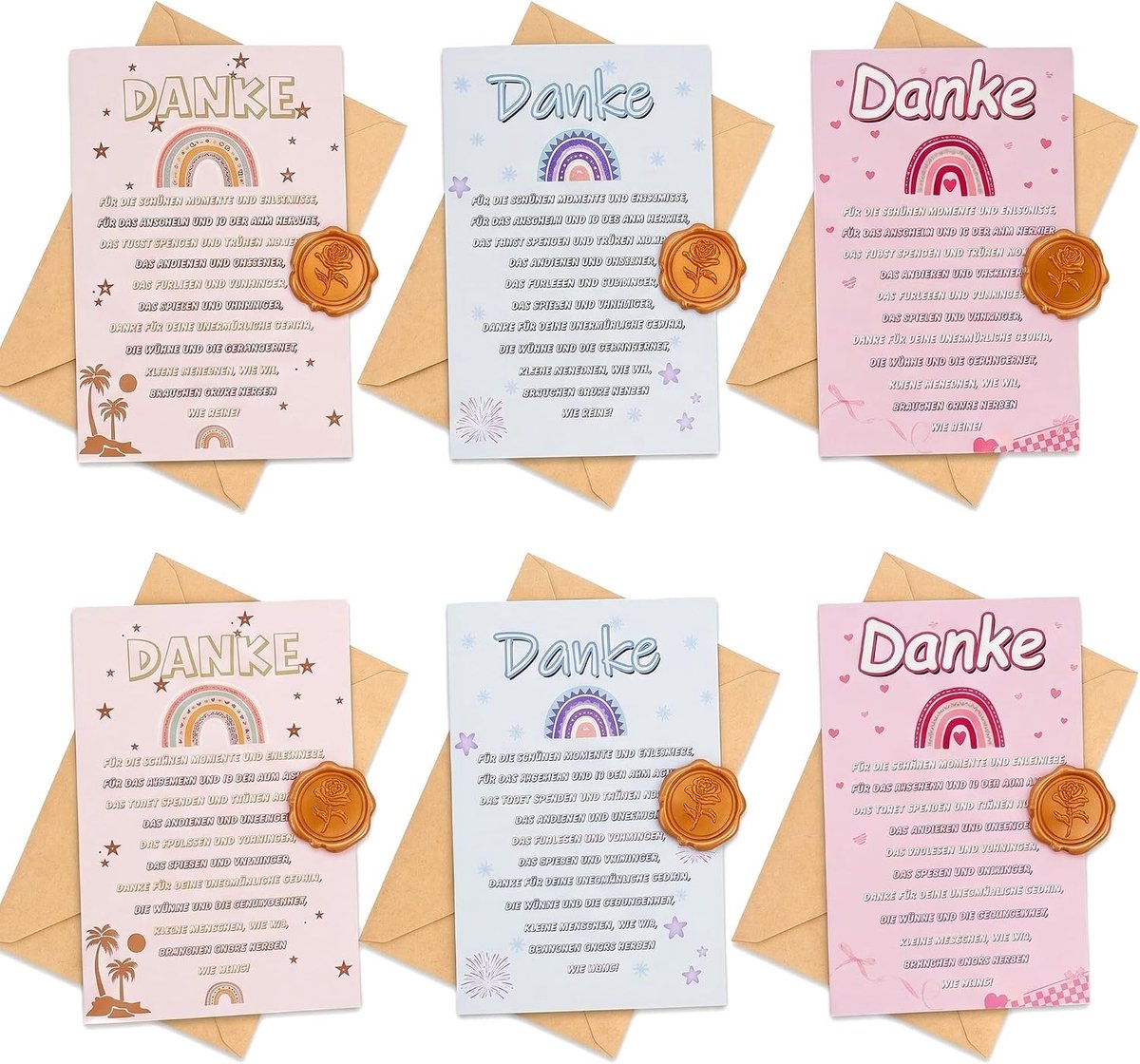 Cadeau voor pedagogisch medewerkers in de kinderopvang, afscheidscadeau voor kleuterleidsters - Bedankkaartjes, enveloppen, lakzegels (6 sets)