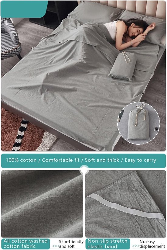 Slaapzak Liner - Reislaken Katoen - Comfortabel Reizen - Ademend en Zacht - 200x210cm - Grijs — afbeelding 3