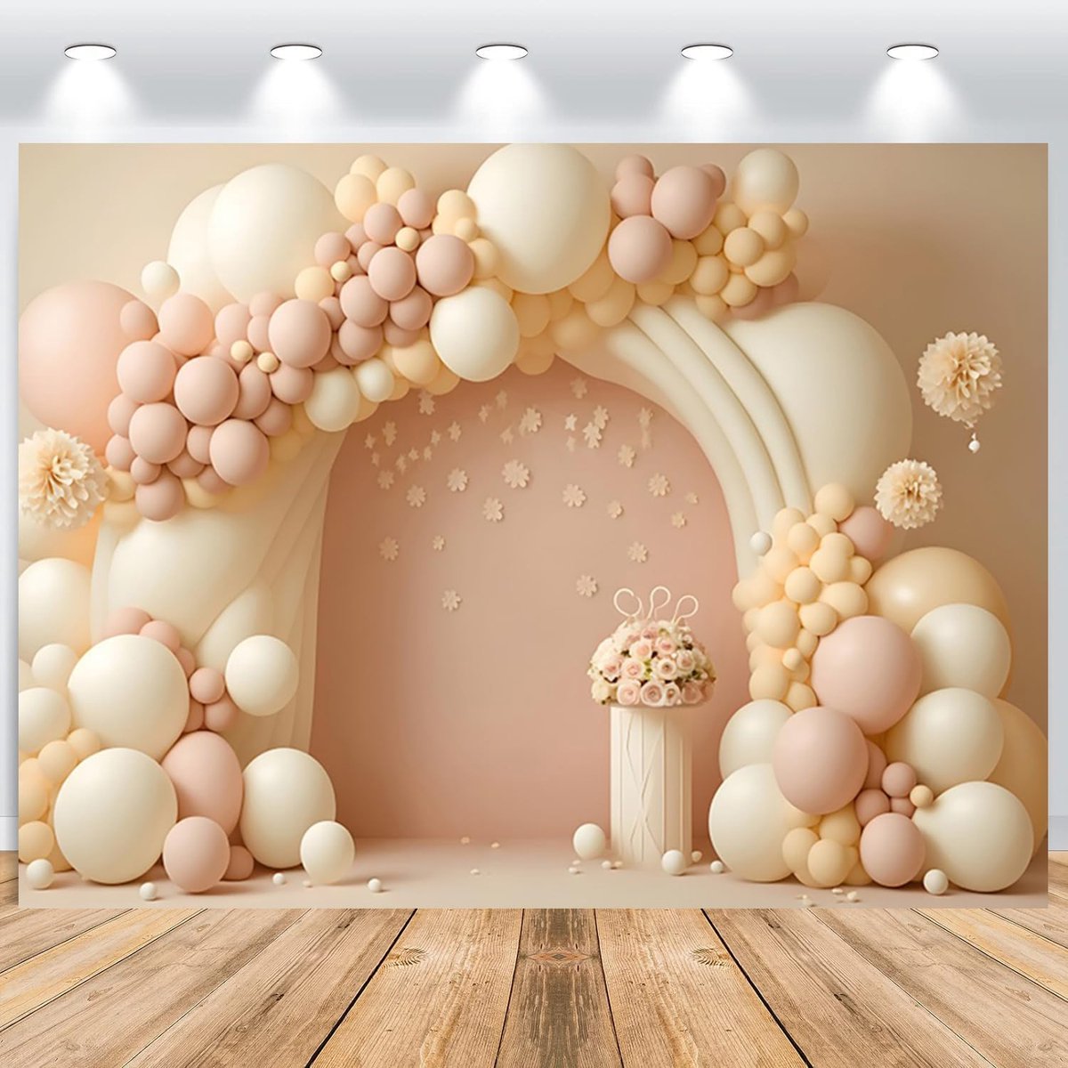 Verjaardag Foto Achtergrond 2,2 x 1,5 m, Beige Roze Ballon Regenboog Meisje Baby Shower Thema Fotografie Achtergrond Prinses 1e Verjaardag Cake Tafeldecoratie Banner Studio Props
