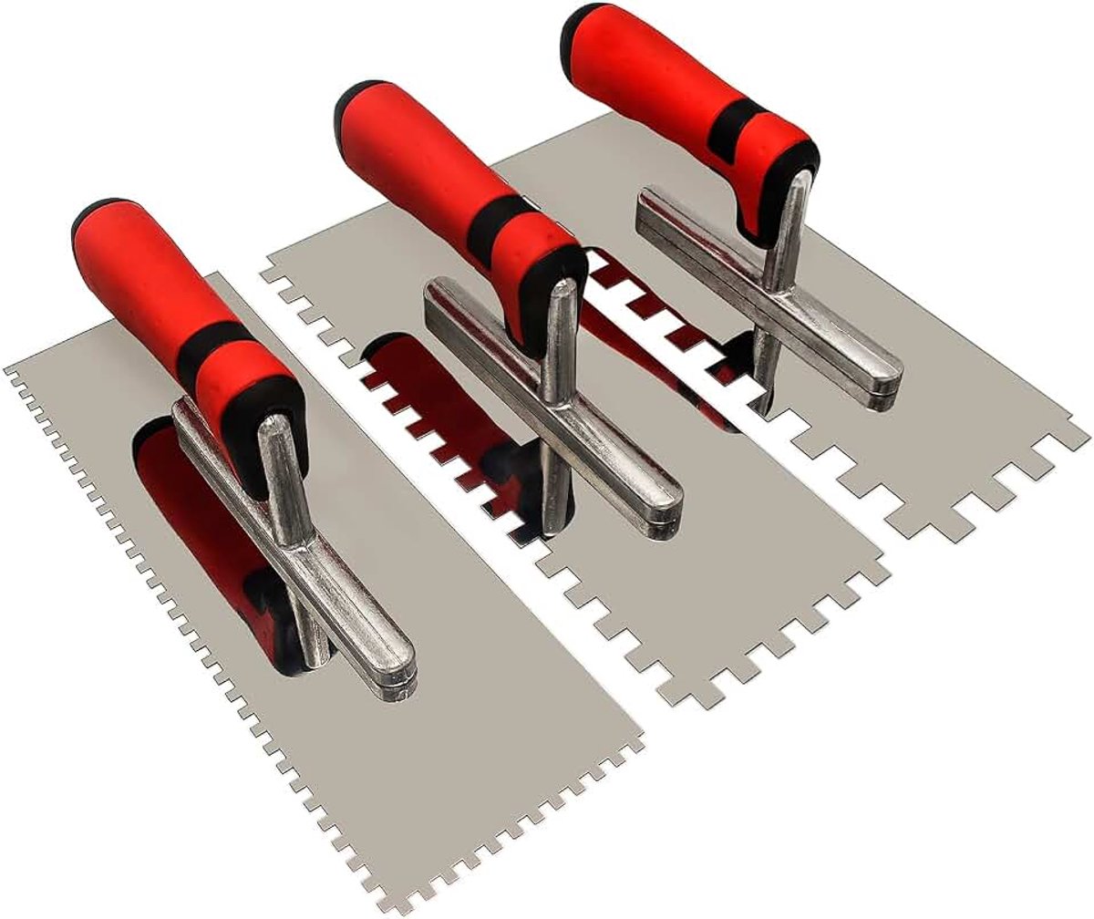 Tool 3-delige roestvrijstalen troffel met vierkante vertanding (Inkeping Grootte: 5/32" & 5/16" & 1/2") voor metselwerk, wanden, vloeren