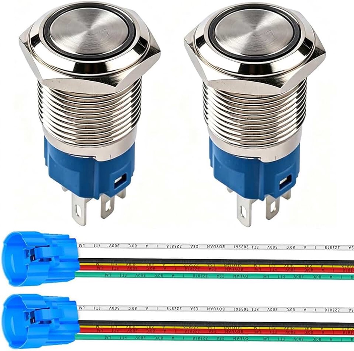2pcs 0.63 inch/16mm Roestvrij Staal Momentary Drukknop 12V-24V 5A LED 1NO1NC SPDT AAN-UIT Waterdichte Drukknop met Draadstekker(Groene LED)