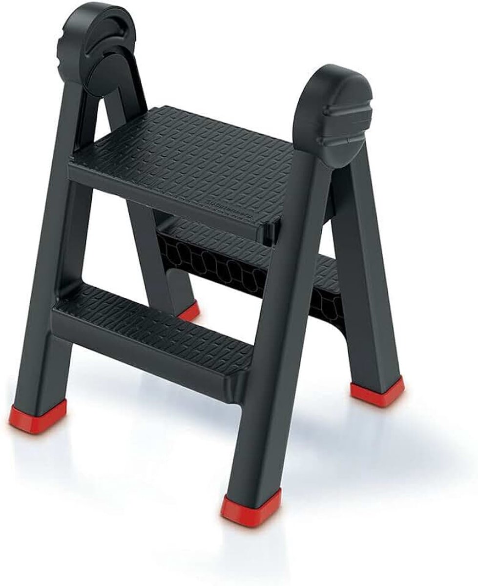 Vouwladder met 2 treden (toegang aan beide zijden, opvouwbaar, maximale belasting 150 kg, met antislipvoeten, kunststof, 470 x 435 x 630 mm)