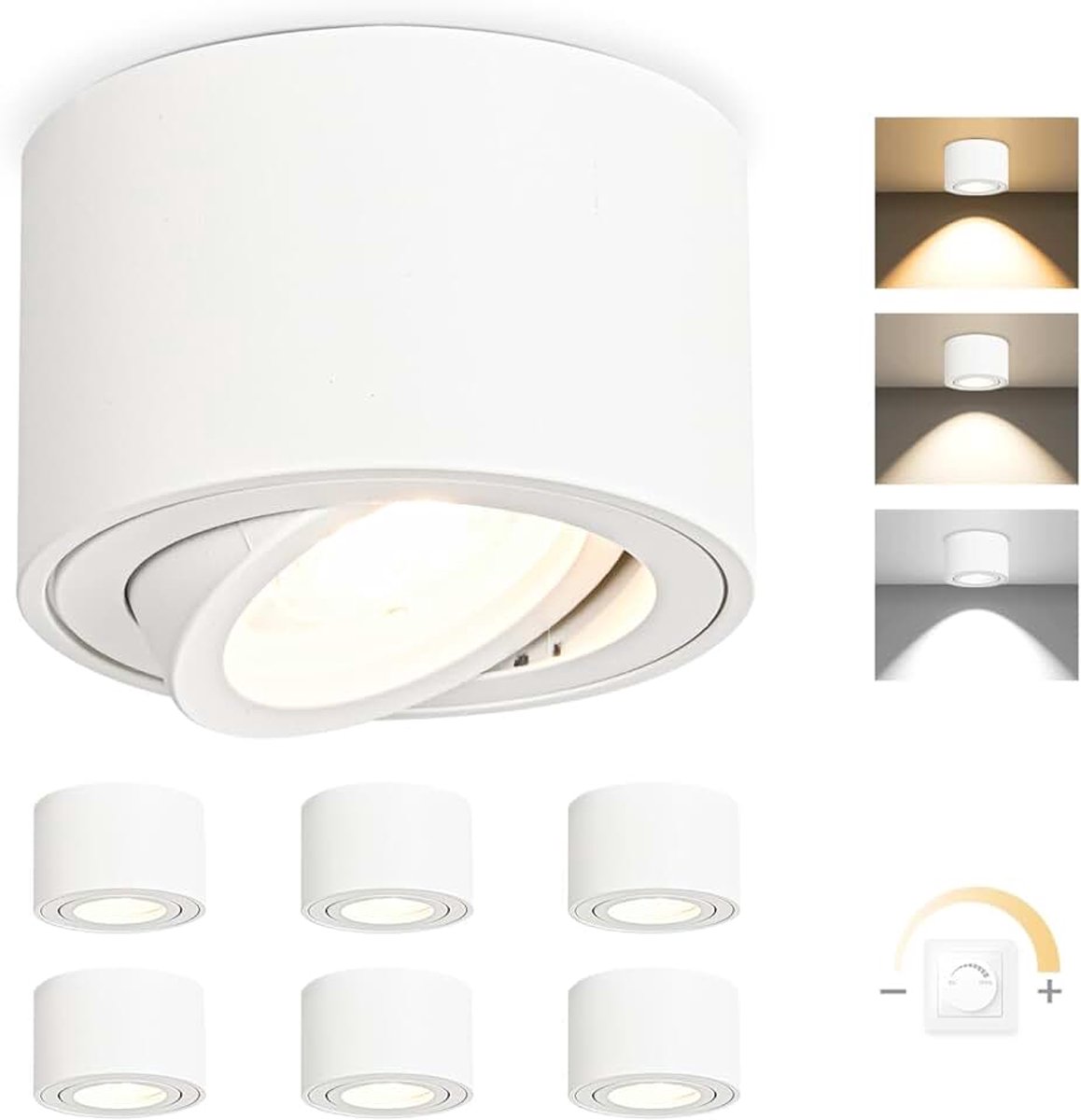 6x 3CCT LED opbouwspot wit - extra vlak & 30° zwenkbaar spots plafondlamp - Ø80x50mm - opbouw plafond incl. 5W 500LM dimbaar LED-module 230V - plafondspots, plafondlamp opbouwspot