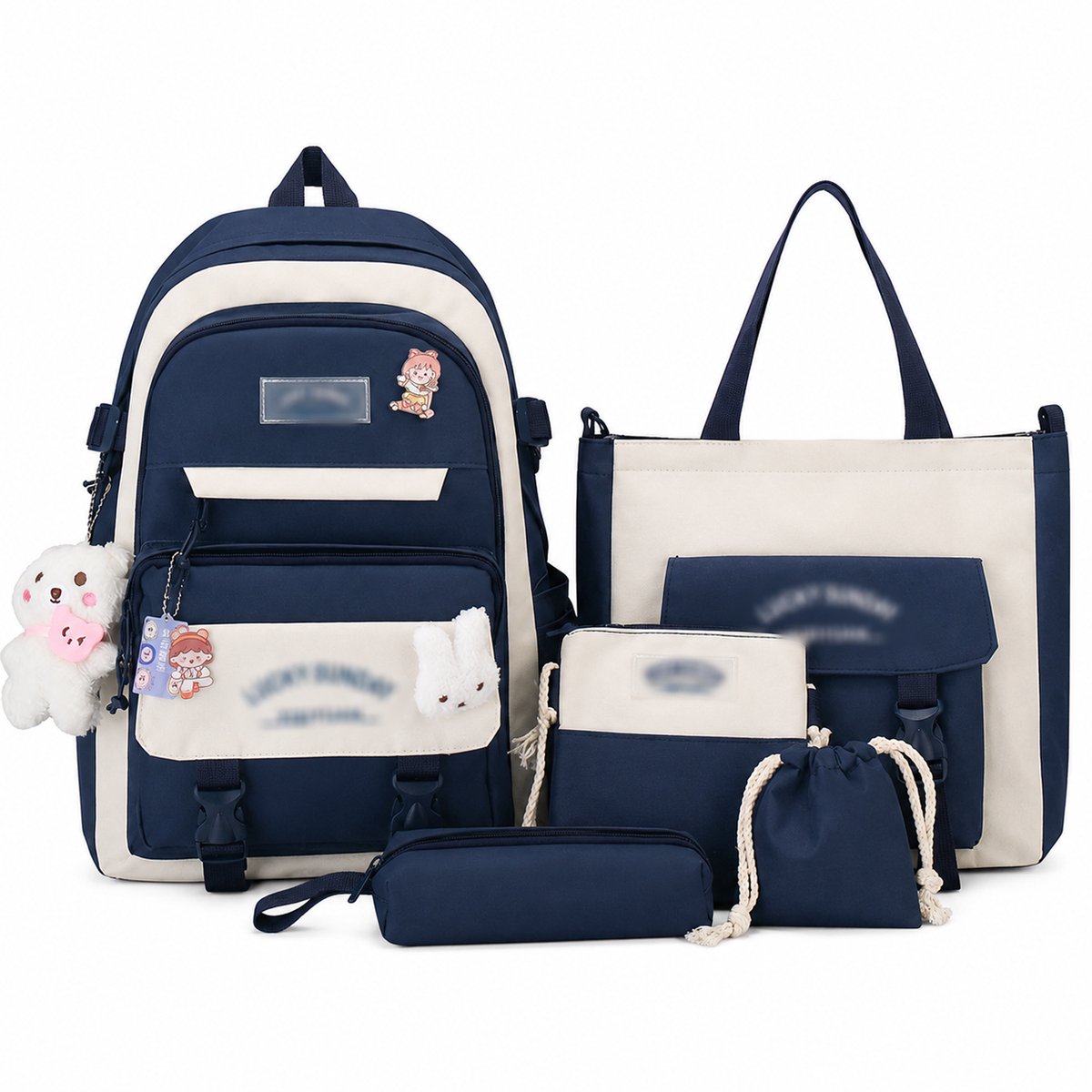 Schooltas - Rugzakset - 5 Delig - met Lunchtas, Pennenzak en Handtas - met Berenhanger en Patches - voor Tieners - Blauw