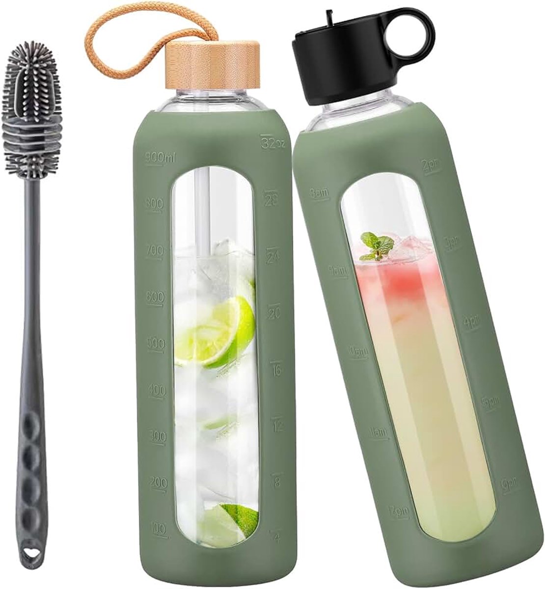 Drinkfles van glas met 2 deksels, rietjesdeksel, bamboedeksel, glazen fles met siliconen hoes, tijdmarkering, waterfles voor koude dranken, olijf