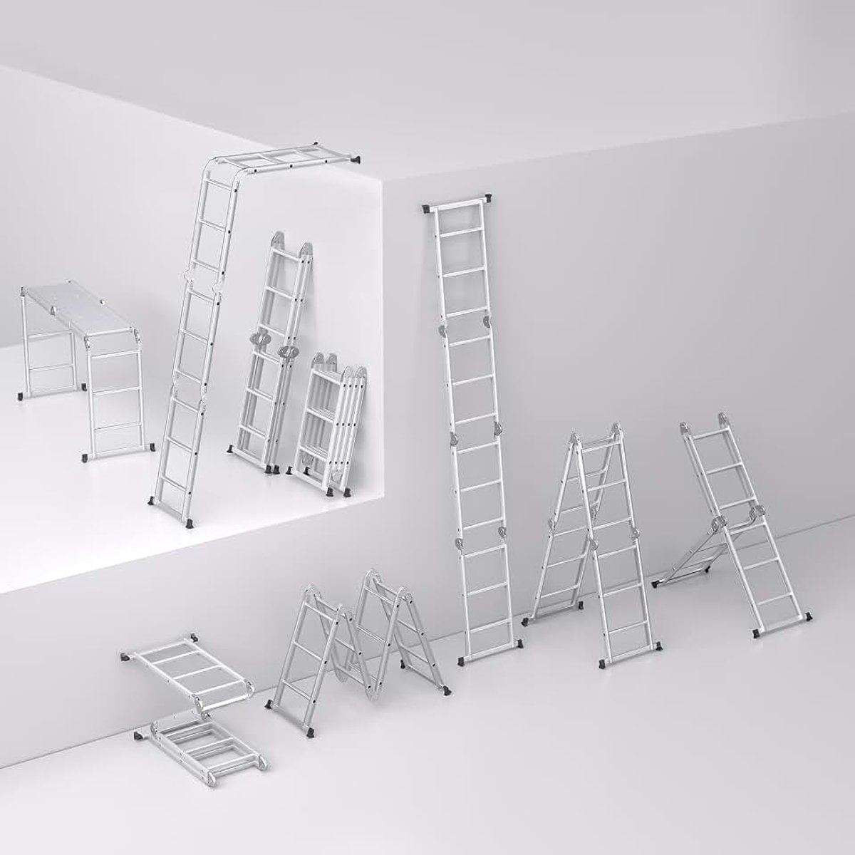 6-in-1 Aluminium Multifunctionele Ladder 340 cm Telescopische Vouwladder met 2 Wielen en Platform 4x3 Zilver Max Belasting 150 kg