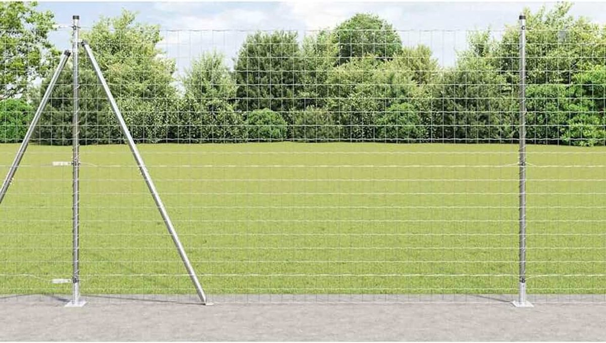 Euro 3351058 Omheining met 7 flenspalen, 1,6 x 10 m, verzinkt staal, stabiele stalen palen voor tuinhekken, landbouw, wilgennetten, kippendraad