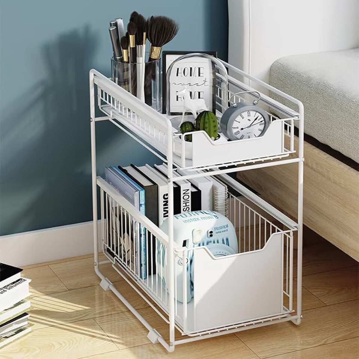 Onder de gootsteen organizer 2-laags uitschuifbare schuifplank onder kast opslag uittrekbare kast organizer multifunctionele onder de gootsteen plank organizer voor thuis opslag37,4*26,5*44cm (wit)